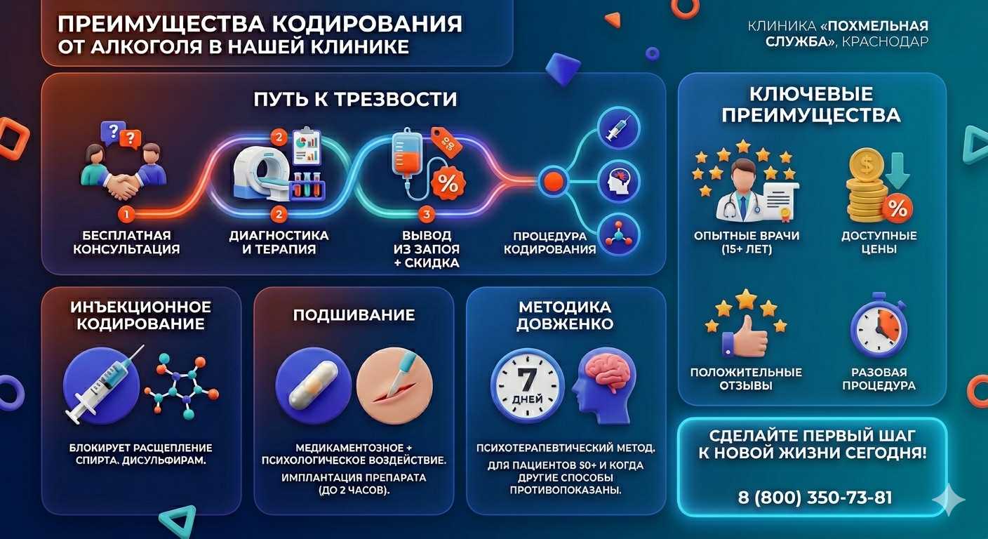 Инфографика о методах кодирования от алкоголя в Петропавловской: инъекции, подшивание, метод Довженко. Преимущества клиники и этапы лечения.