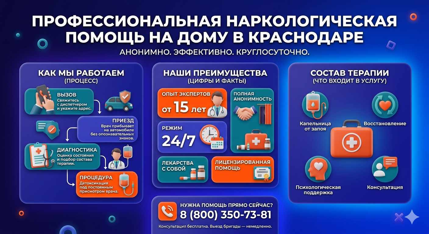 Инфографика о принципах лечения алкоголизма на дому в Петропавловской: этапы вызова нарколога, преимущества анонимной детоксикации и состав медицинской помощи.